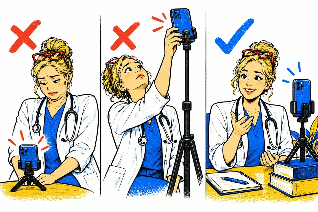 Ilustração: três jeitos de posicionar o celular para gravar, dois errados e um certo, na altura dos olhos