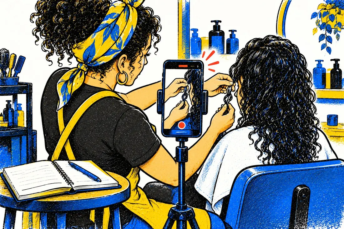 Ilustração: dona de salão grava um vídeo só das mãos finalizando os cachos de uma cliente